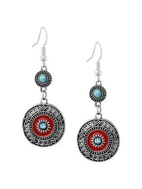 4080 Bohemian Vintage Style Geometric Blue and Red Dangle Earrings, Ethnic